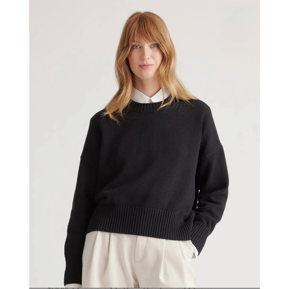 Quince Organic Cotton Knit Sweater Women's Black Crew Neck Medium Casual